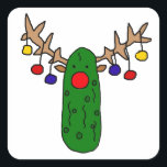 Funny Reindeer Pickle Christmas Cartoon Square Sticker<br><div class="desc">Hilarious cute red-nosed reindeer pickle Christmas cartoon where reindeer has colorful Christmas ornaments on his antlers.  Unique and sensational for everyone who loves Christmas holidays and silly funky shirts.</div>
