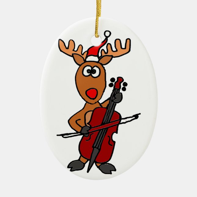 Funny Reindeer Playing Cello Christmas Ceramic Ornament (Front)