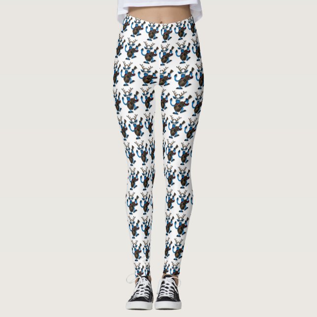 Funny Reindeer Playing Guitar Christmas Leggings (Front)