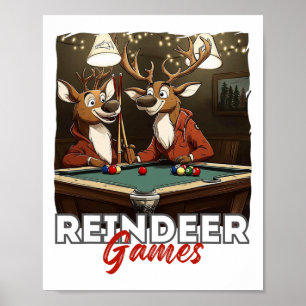 Funny Reindeer Pool Billiards Games Holiday Humor Poster