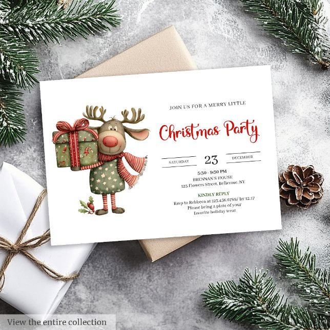 Funny Reindeer red green printable Christmas  Invitation (Funny Reindeer red green printable Christmas invite)