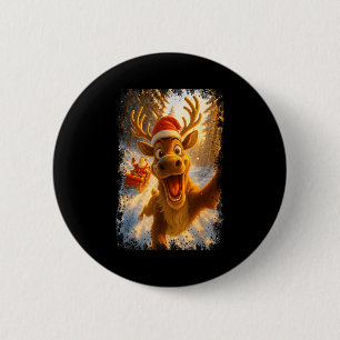 Funny Reindeer Selfie Santa Merry Christmas Men Wo Button