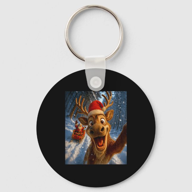 Funny Reindeer Selfie Santa Merry Christmas Men Wo Keychain (Front)