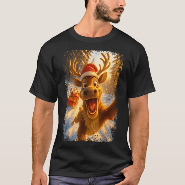 Funny Reindeer Selfie Santa Merry Christmas Men Wo T-Shirt (Front)