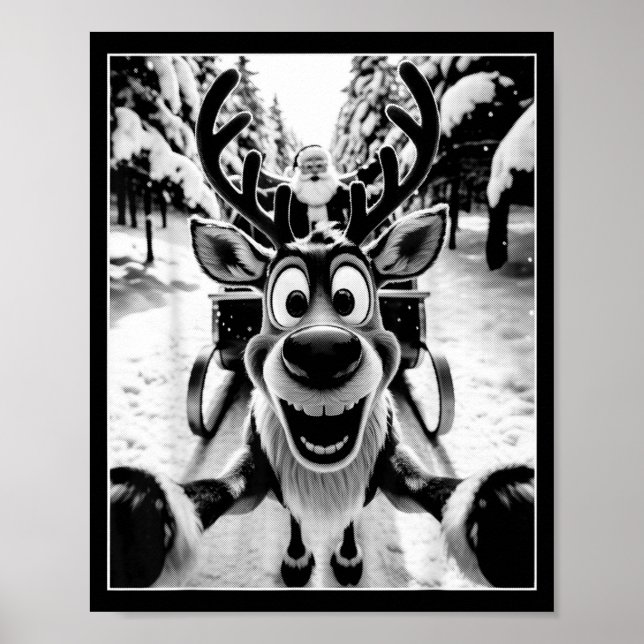 Funny Reindeer Selfie Santa Sleigh Christmas Holid Poster (Front)