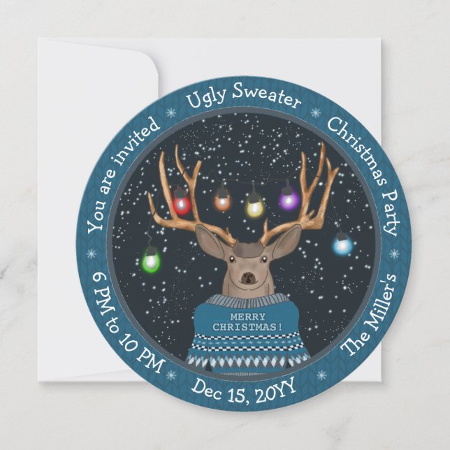 Funny Reindeer Tangled Lights Blue Ugly Sweater Invitation (Front)