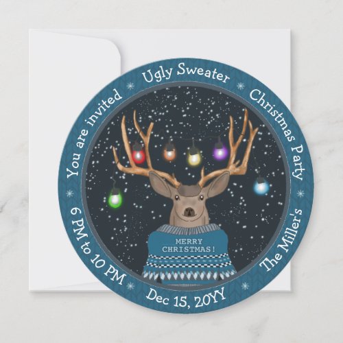 Funny Reindeer Tangled Lights Blue Ugly Sweater Invitation