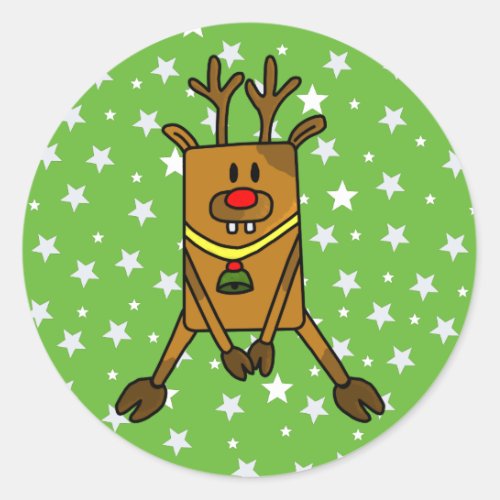 Funny Reindeer with Stars on Green Classic Round Sticker