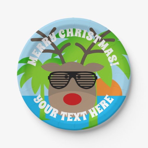 Funny reindeer with sunglasses tropical Christmas Paper Plates