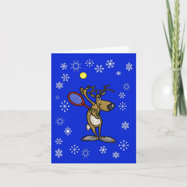 Funny Reindeer with Tennis Racket Christmas Card (Front)