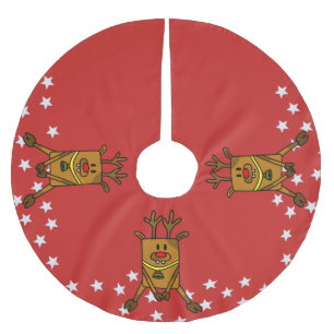 Funny Reindeer with White Stars on Red Christmas Brushed Polyester Tree Skirt