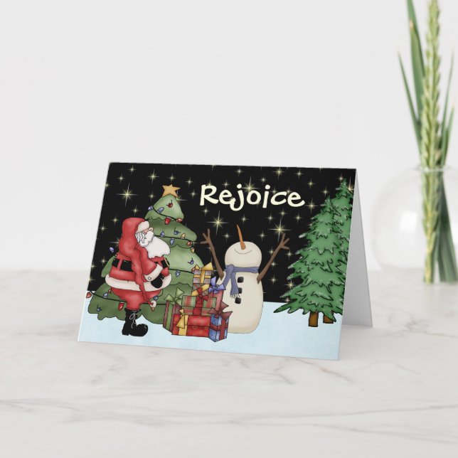 Funny Rejoice Snowman, Santa and Gifts Christmas Holiday Card (Front)