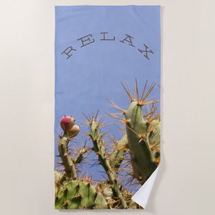 Funny Relax on Tropical Cactus Photo Custom Text Beach Towel