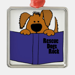 Funny Rescue Dog Reading Rescue Book Metal Ornament
