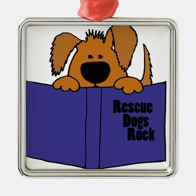 Funny Rescue Dog Reading Rescue Book Metal Ornament (Front)