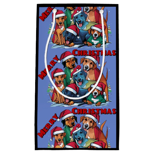 Funny Rescue Dogs in Santa Hats Christmas Abstract Small Gift Bag (Front)