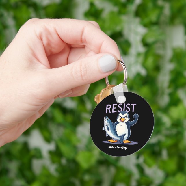 Funny Resist Penguin Protest Against Tariffs  Keychain (Hand)