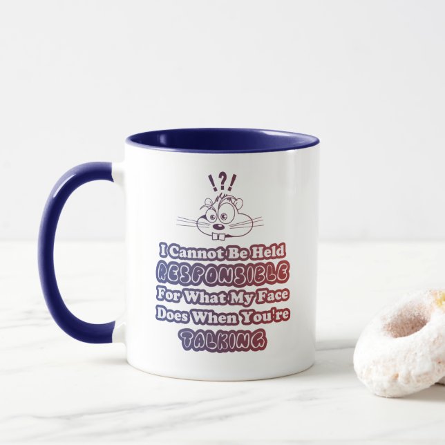 Funny Responsibility & Talking Confused Red Blue Mug (With Donut)