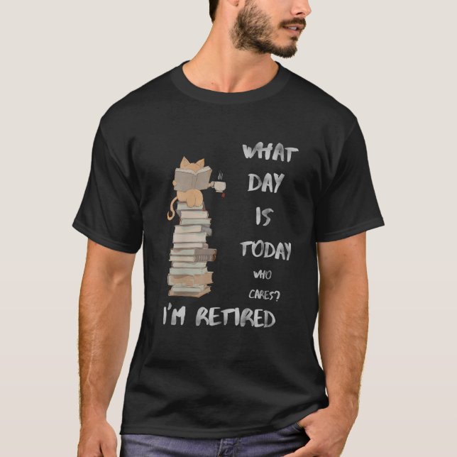 Funny Retired Cat Reading Book Drinking Tea Cat Lo T-Shirt (Front)