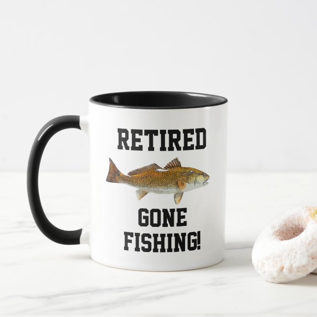 Funny Retired Gone Fishing Redfish Sports Mug (With Donut)