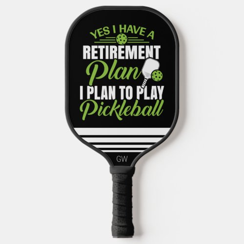 Funny Retirement Black and Green Monogram  Pickleball Paddle