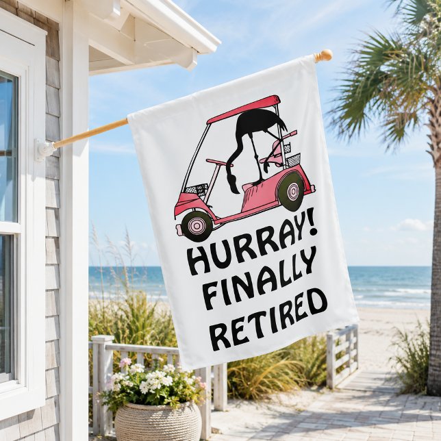 Funny Retirement Design Golf Theme Flamingo House Flag (cute golf theme retirement house flag with flamingo driving golf cart)