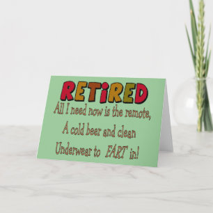 Funny Retirement Gifts "Cold Beer, Remote, Fart" Card