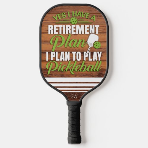 Funny Retirement Wood and Green Monogram Pickleball Paddle