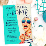 Funny Retro 40th Birthday F-Bomb Invitation<br><div class="desc">A unique 40th Birthday Party Invitation for the ladies, this design features an outrageously stylish woman in striped sunglasses and hair turban with a polka dot bag and striped towel. The humor is carried out in the bold text title "FORTY IS THE NEW F-BOMB". The retro color scheme of aqua,...</div>