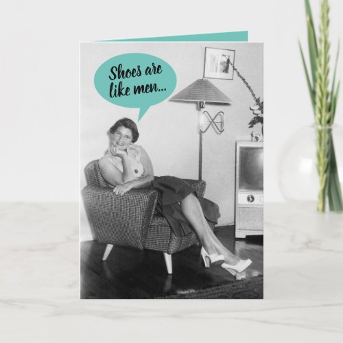 Funny Retro 50s Lady Comparing Shoes To Men Card