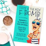 Funny Retro 50th Birthday F-Bomb Invitation<br><div class="desc">A unique 50th Birthday Party Invitation for the ladies, this design features an outrageously stylish woman in striped sunglasses and hair turban with a polka dot bag and striped towel. The humor is carried out in the bold text title "FIFTY IS THE NEW F-BOMB". The retro color scheme of aqua,...</div>