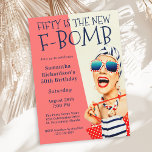 Funny Retro 50th Birthday F-Bomb Invitation<br><div class="desc">A unique 50th Birthday Party Invitation for the ladies, this design features an outrageously stylish woman in striped sunglasses and hair turban with a polka dot bag and striped towel. The humor is carried out in the bold text title "FIFTY IS THE NEW F-BOMB". The vibrant color scheme of coral,...</div>