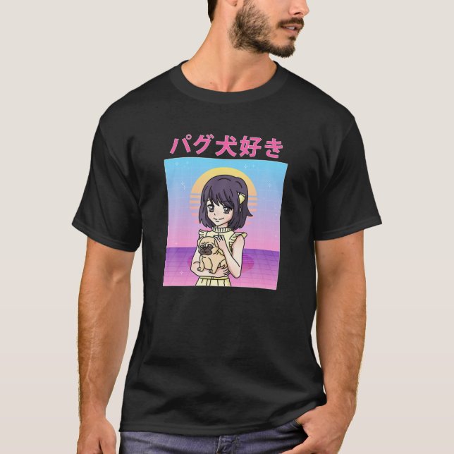 Funny Retro 90S Japanese Kawaii Anime Girl Pug Dog T-Shirt (Front)