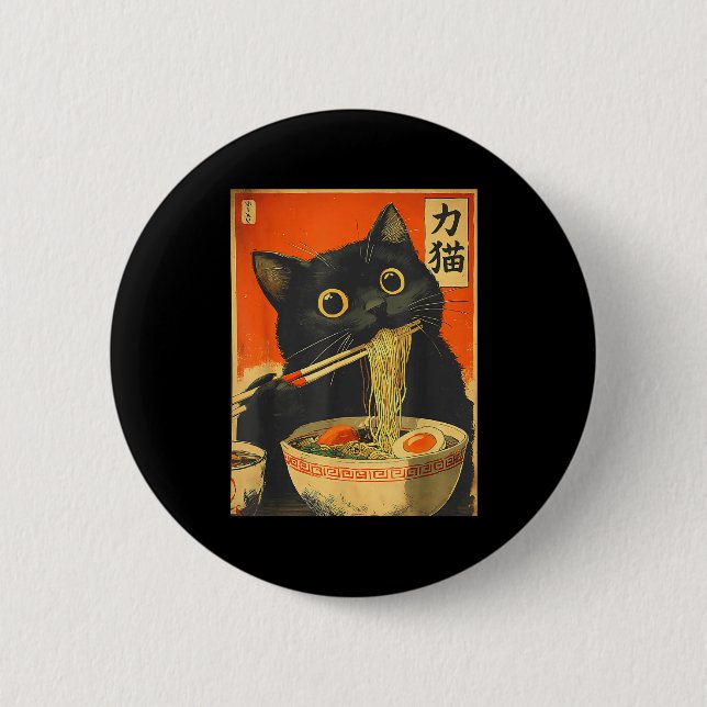 Funny Retro Anime Cat Ramen Japanese Cat Graphic A Button (Front)