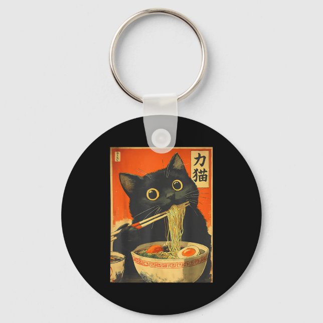 Funny Retro Anime Cat Ramen Japanese Cat Graphic A Keychain (Front)