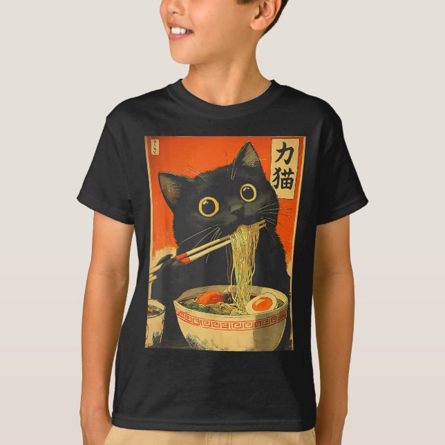 Funny Retro Anime Cat Ramen Japanese Cat Graphic A T-Shirt (Front)
