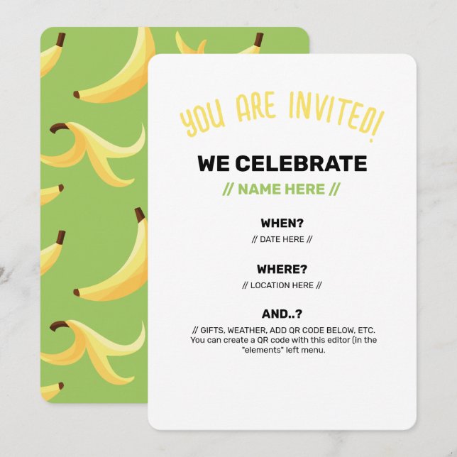 Funny Retro Banana Party Favors Puns Editable Invitation (Front/Back)