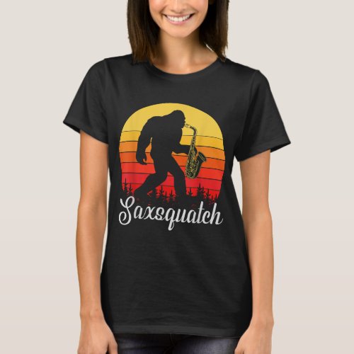 Funny Retro Bigfoot Silhouette Sun Saxophone Bigfo T_Shirt