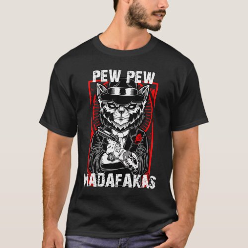 Funny Retro Black Cat Pew Pew Madafakas Gun Vintag T_Shirt