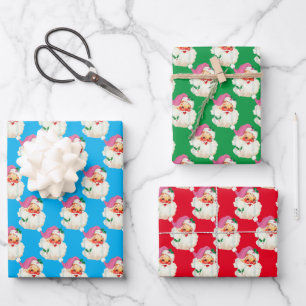 Funny Retro Blue Red Santa Claus Face Christmas Wrapping Paper Sheets
