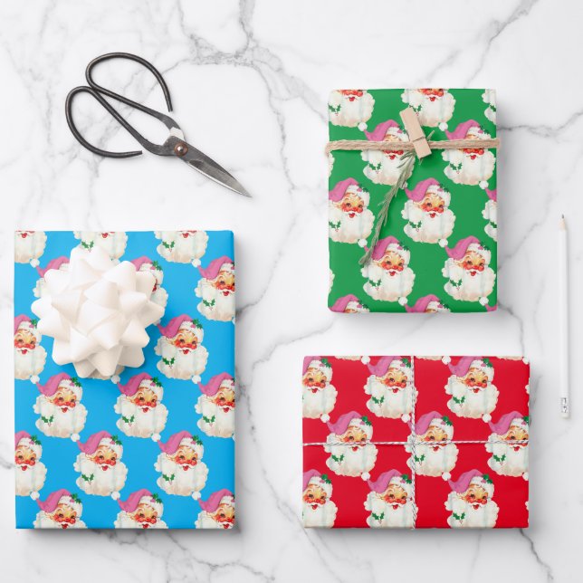 Funny Retro Blue Red Santa Claus Face Christmas Wrapping Paper Sheets (Front)