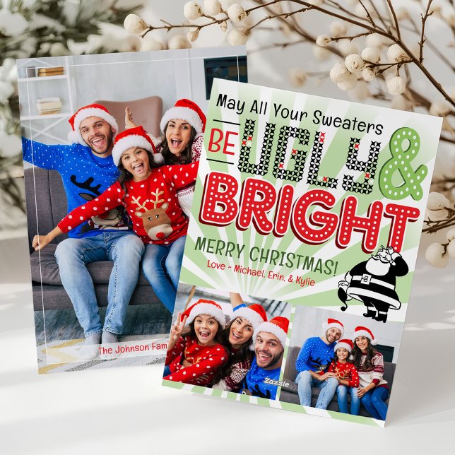 Funny Retro Bright Ugly Sweater Photo Christmas Holiday Card (Colorful funny red green retro modern santa claus best photo ugly & bright Christmas sweater card)