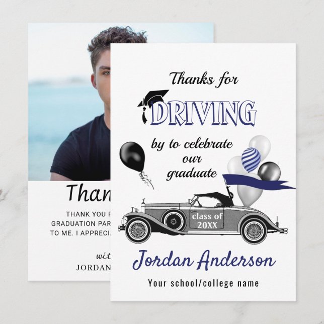 Funny Retro Car Drive By Graduation Parade Thank Y Thank You Card (Front/Back)