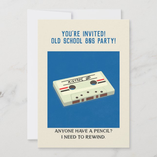 Funny Retro Cassette Tape Rewind with a Pencil Invitation (Front)