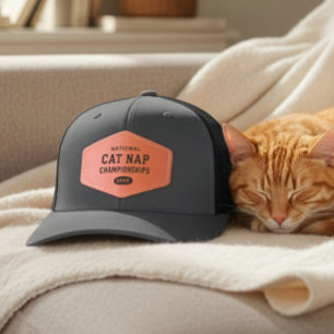 Funny Retro Cat Nap Championships Humor Novely Leather Patch Hat