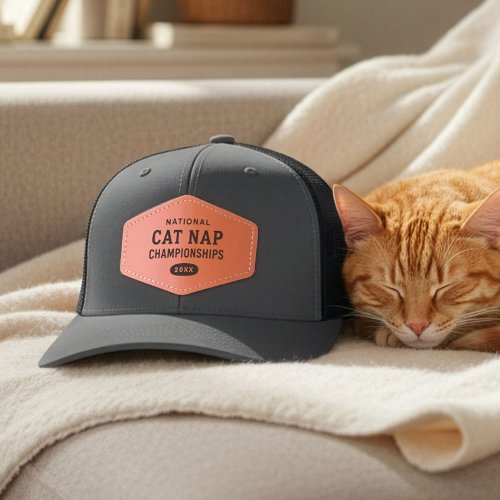 Funny Retro Cat Nap Championships Humor Novely Leather Patch Hat