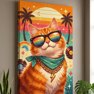 Funny Retro cat vibes with sunglasses Faux Canvas Print