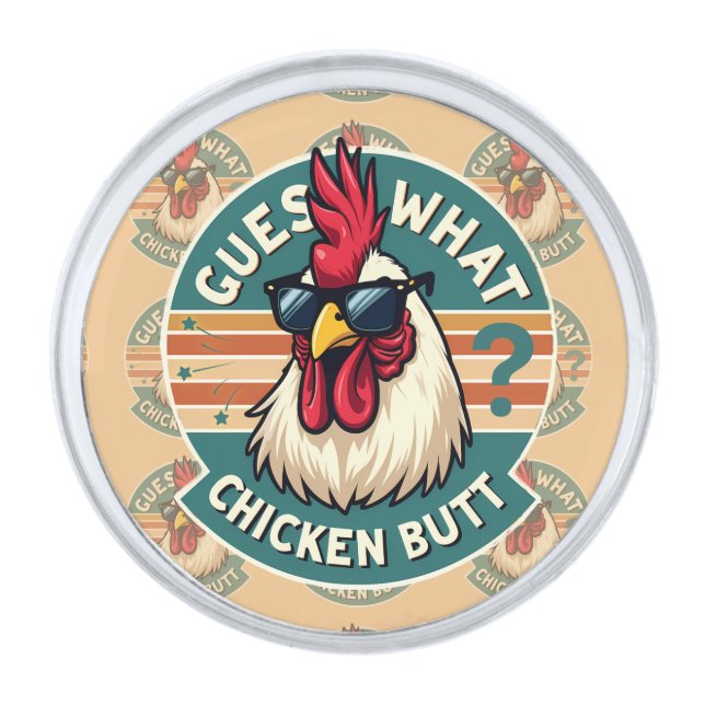  Funny Retro Chicken Butt Joke Design Silver Finish Lapel Pin (Front)