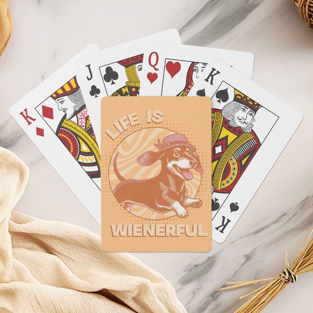 Funny Retro Dachshund "Life is Wienerful" Poker Cards (This fun and quirky design features an adorable dachshund, complete with a cute fedora hat!)