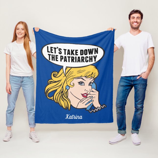 Funny Retro Feminist Pop Art Anti Patriarchy Blue Fleece Blanket (In Situ)